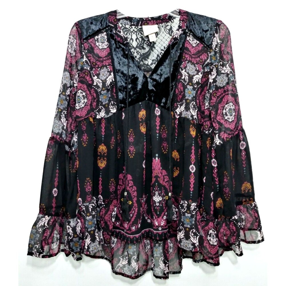 Knox Rose Women's Size S Boho Tunic Sheer Tassel Ruffle Velvet Black Lace